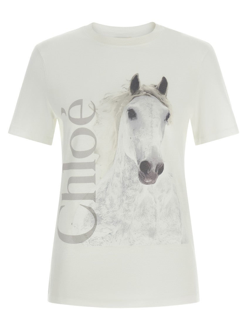 Chloé Organic Cotton T-Shirt With Faded Horse Print