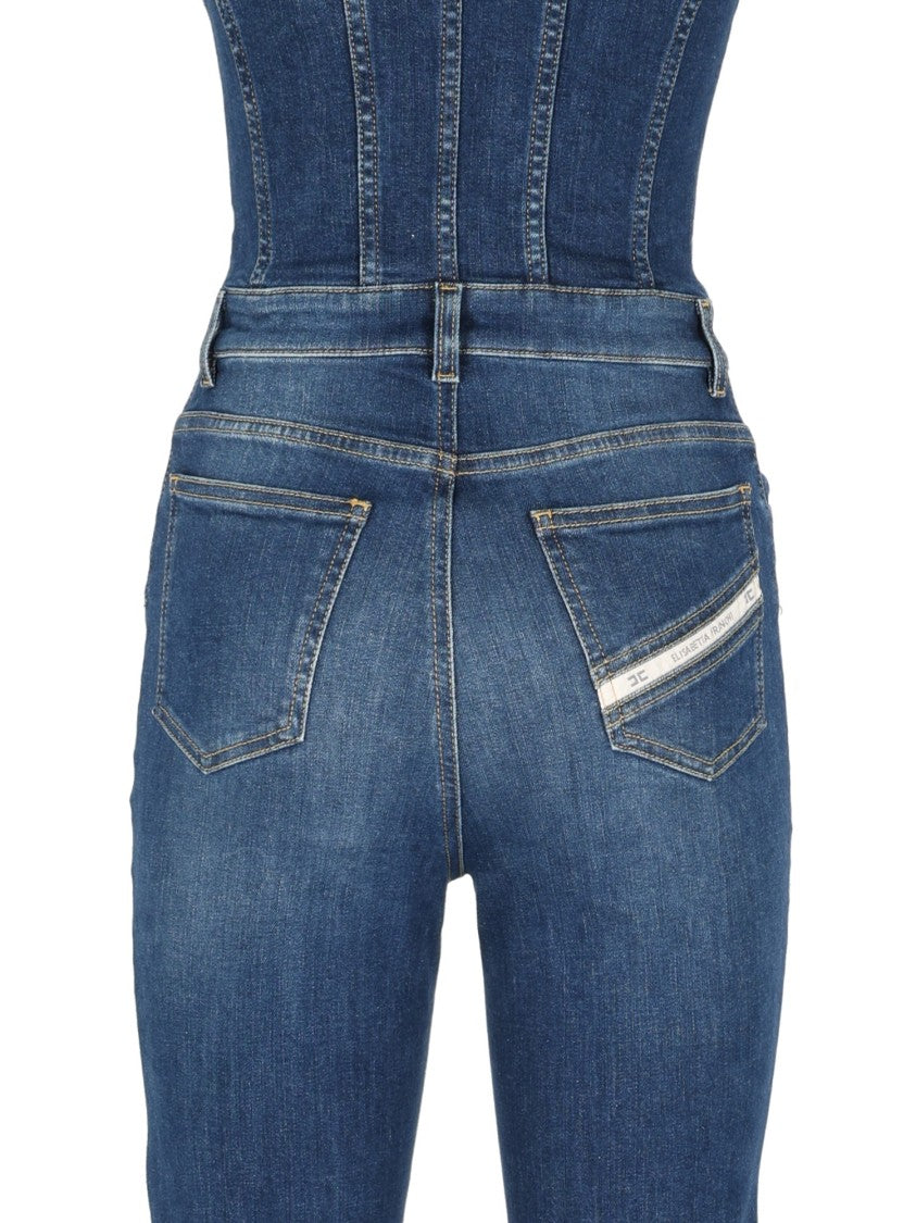 Elisabetta Franchi Fitted Bodice Ruched Denim Jumpsuit