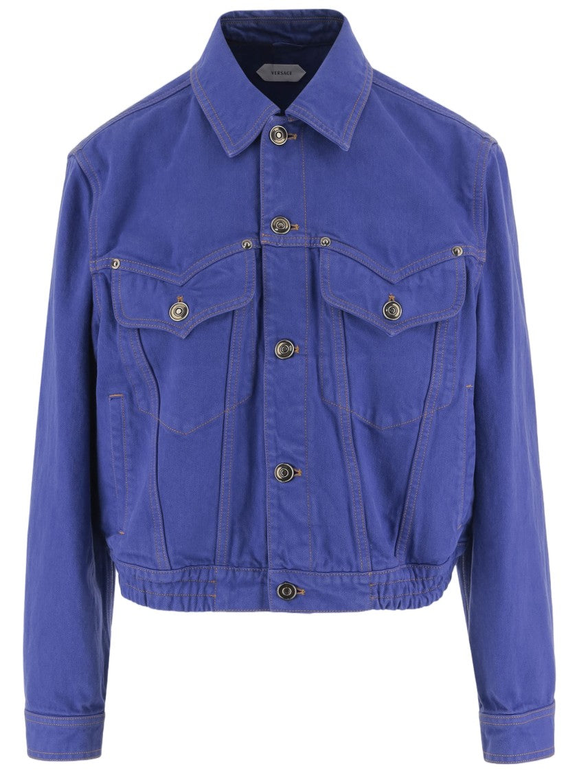 Versace Cropped Cotton Denim Jacket With Classic Collar And Button Closure