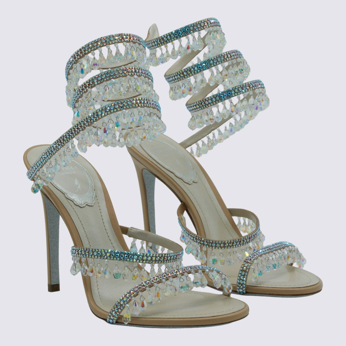 René Caovilla High-Heeled Sandals With Rhinestone Straps And Crystal Beads