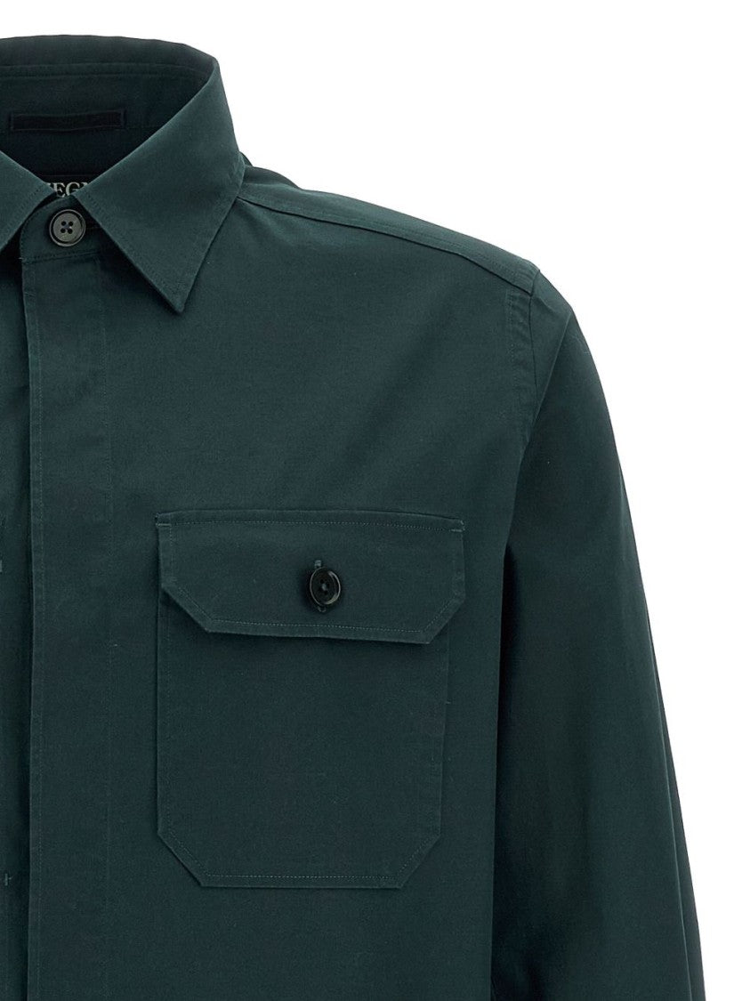 Zegna Green Cotton Shirt With Concealed Front And Dual Chest Pockets