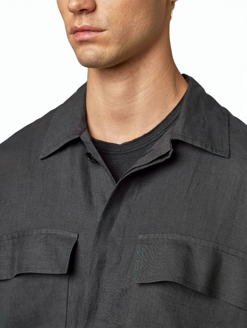 Alpha Studio Hidden Closure Classic Collar Linen Shirt Jacket