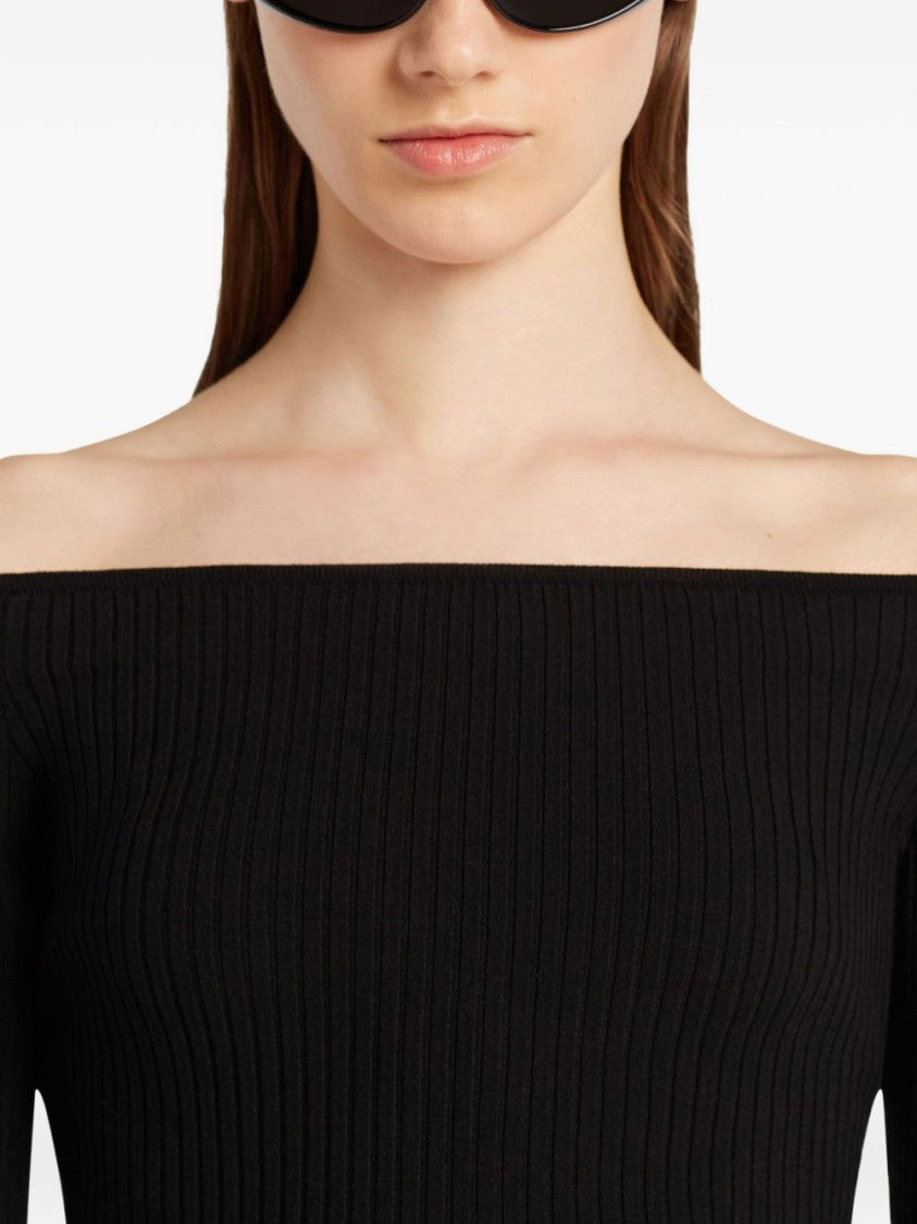 Courrèges Off-Shoulder Ribbed Knit Top With Embroidered Logo