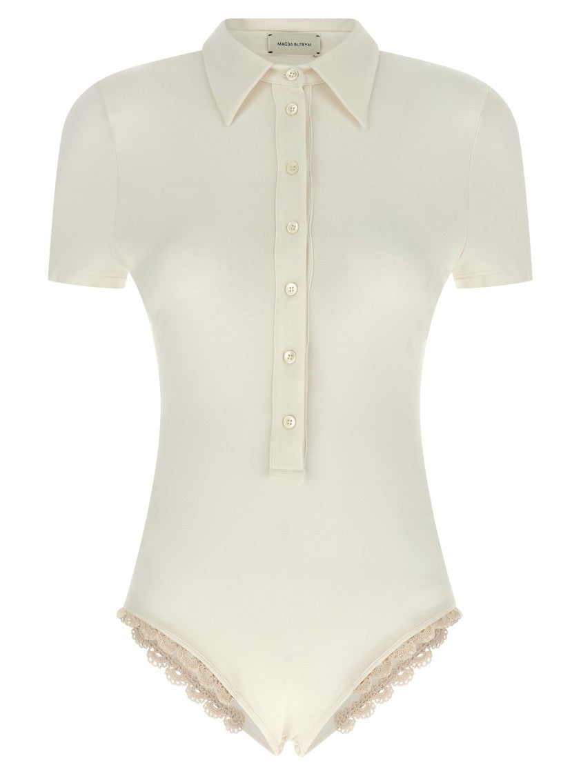Magda Butrym '01' Viscose Polo-Style Bodysuit With Handmade Crochet Lace