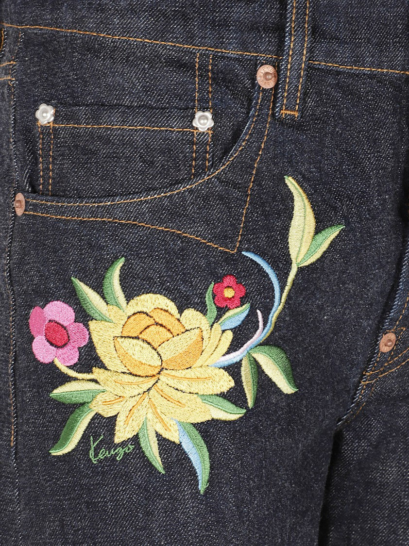 Kenzo Classic Straight-Leg Jeans With Floral Embroidery And Copper Rivets