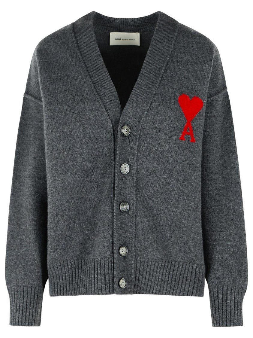 Ami Paris Grey Ami De Cœur V-Neck Wool Cardigan