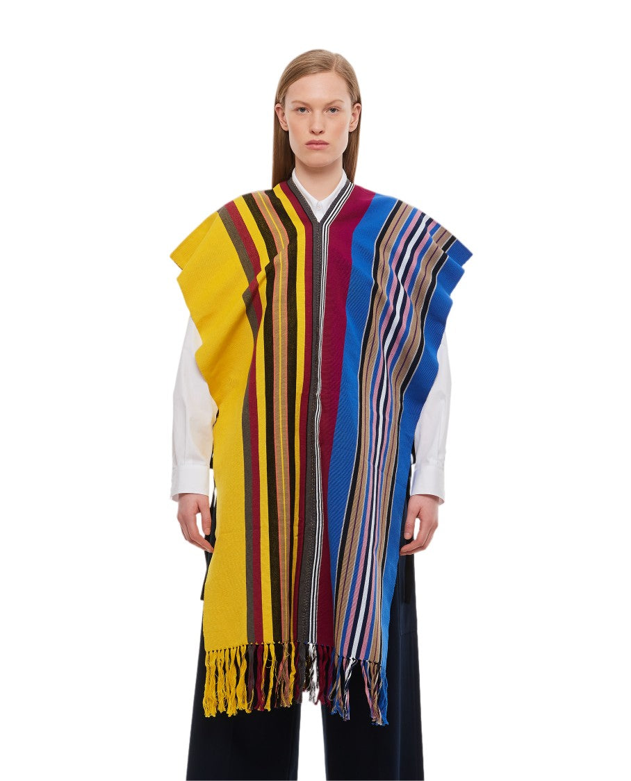 Colville Oversized Striped Cotton Poncho With Fringed Hem