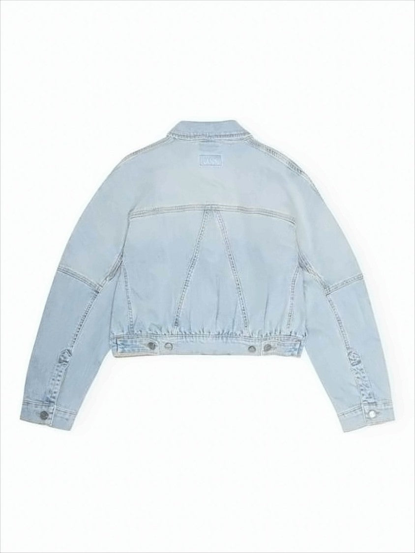 Ganni Light Wash Cropped Denim Jacket With Gathered Hem And Flap Pockets