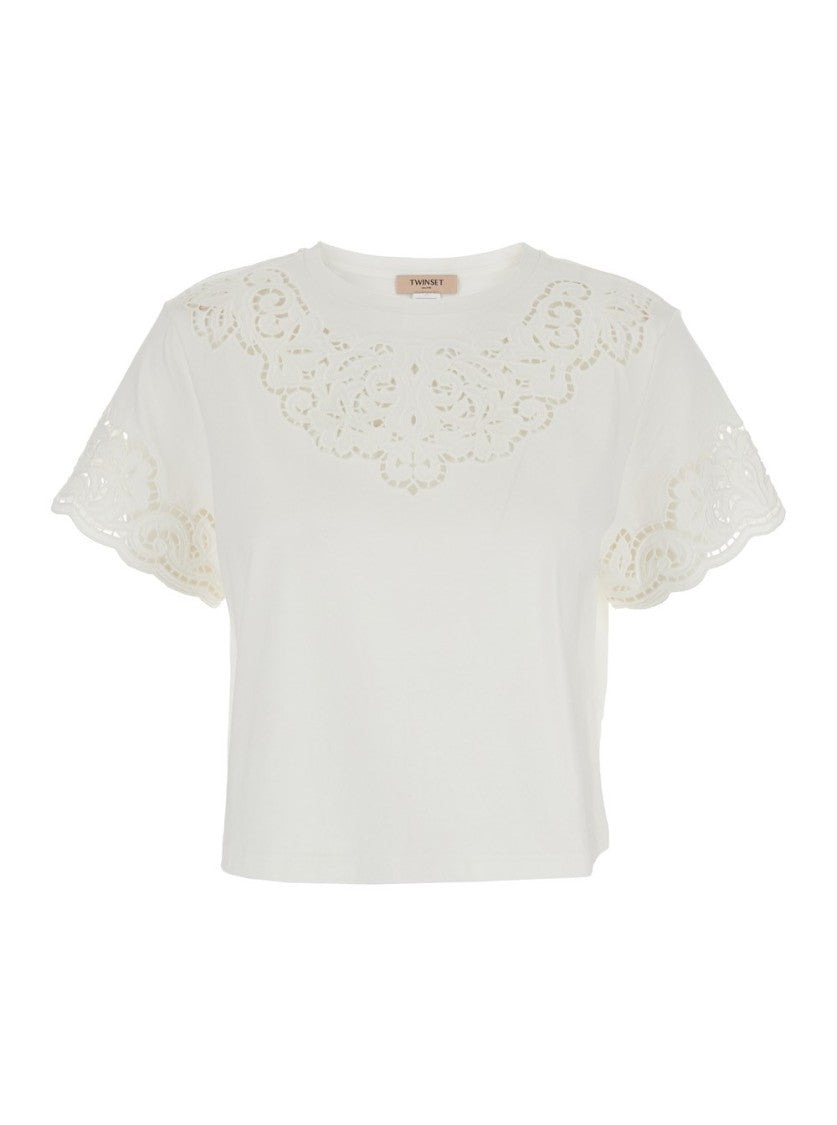Twin-Set Cropped White Top With Intricate Lace Cut-Out Detailing