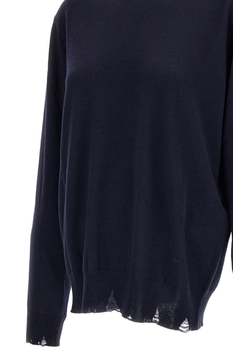 Stella Mccartney Navy Blue Distressed Merino Wool Sweater