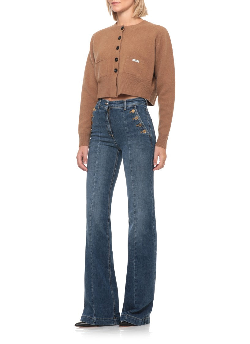 Elisabetta Franchi Brown Cropped Lacquered Buttons Wool Cardigan