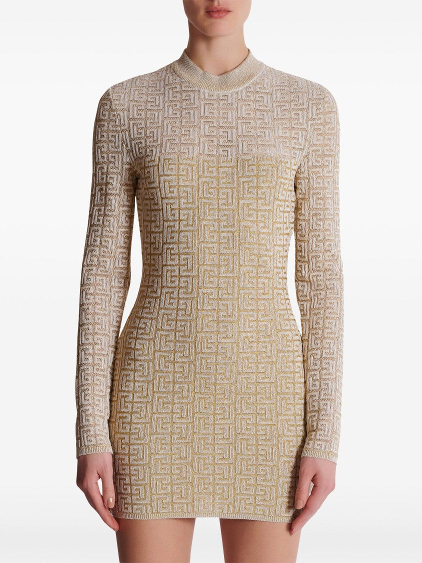 Balmain Neutral Abito Fitted Knit Monogram Dress