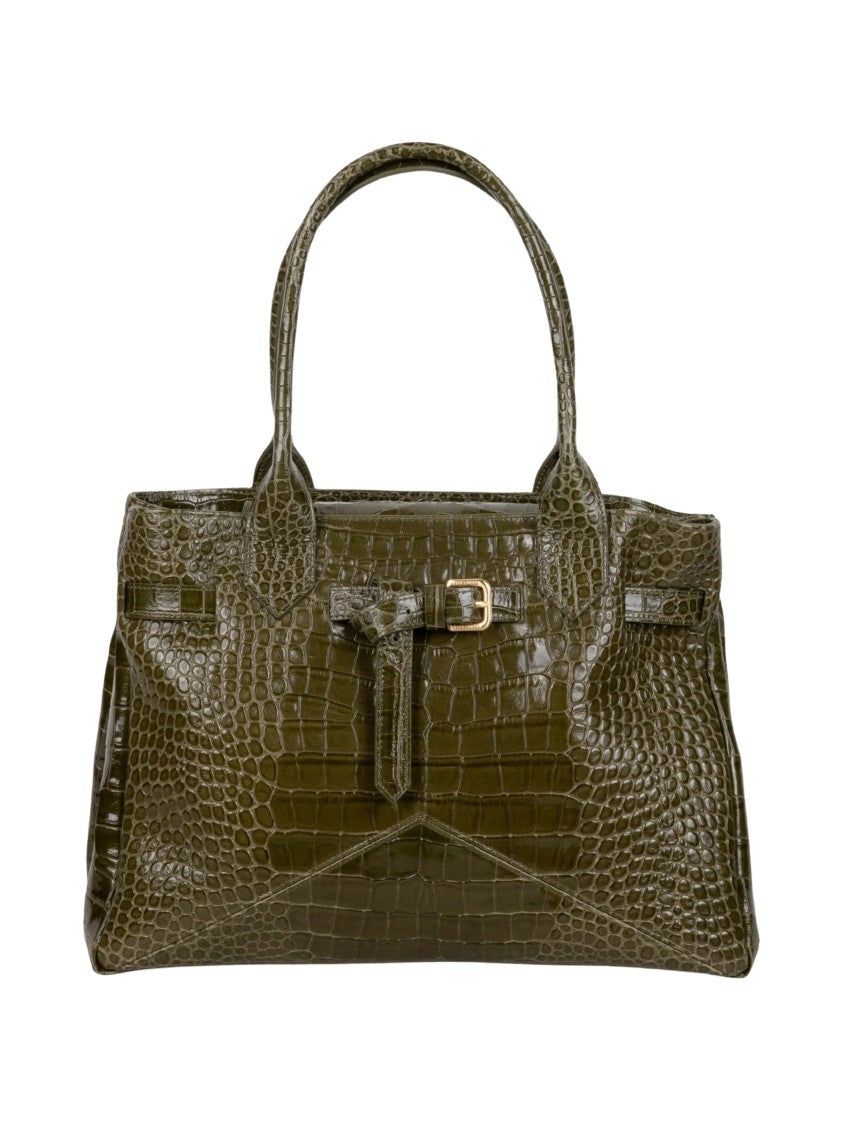 Ballantyne Medium Brown Cowhide Leather Shoulder Bag With Embossed Crocodile Pattern