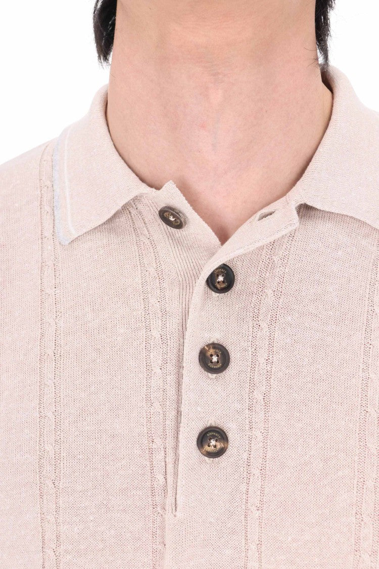 Eleventy Beige Cable-Knit Linen-Cotton Polo Shirt