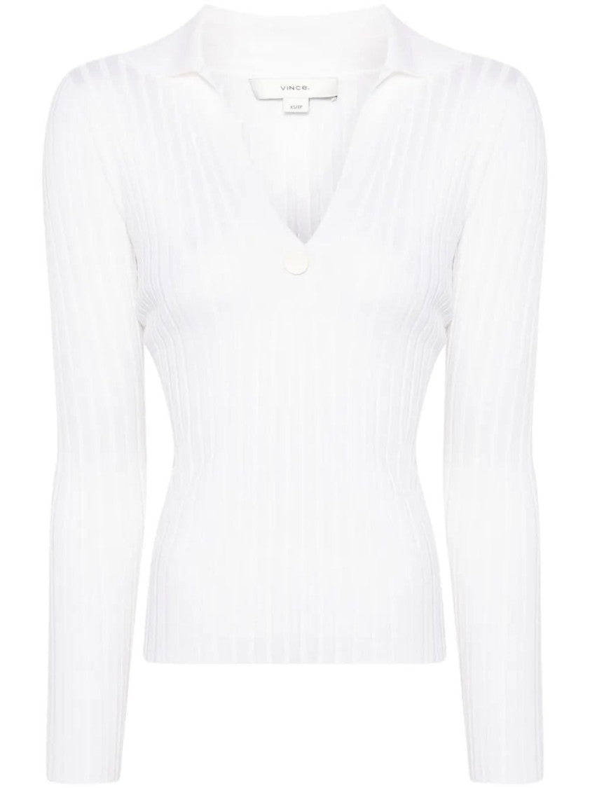 Vince Fitted White Polo Shirt With Deep V-Neck