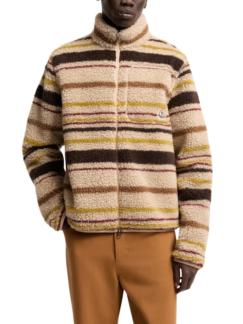 Moncler Zip Up Cardigan Textured High-Collar Wool-Blend Cardigan