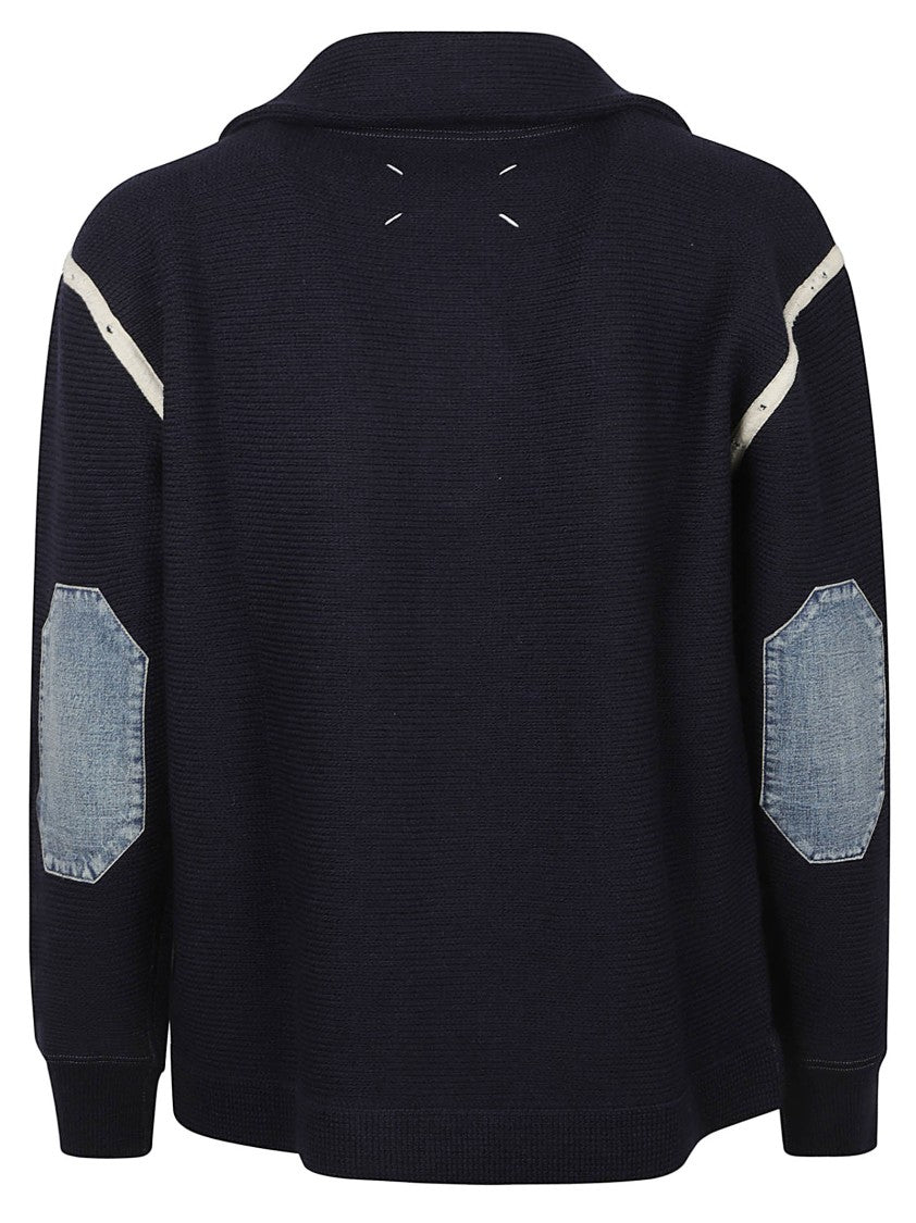 Maison Margiela Textured Knit Sweater With Half-Zip Collar And Denim Accents
