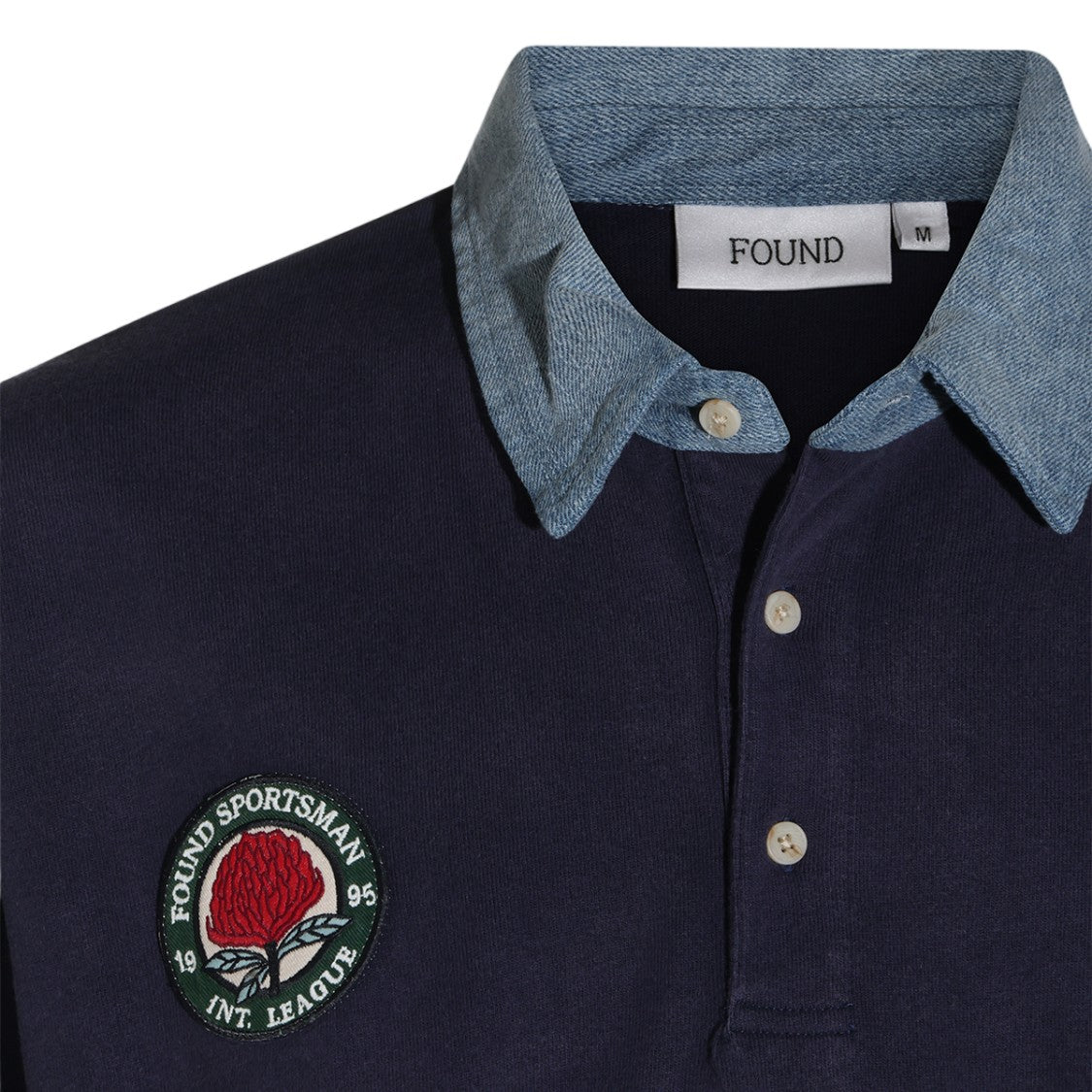 Found Long-Sleeve Denim Collar Embroidered Polo Shirt