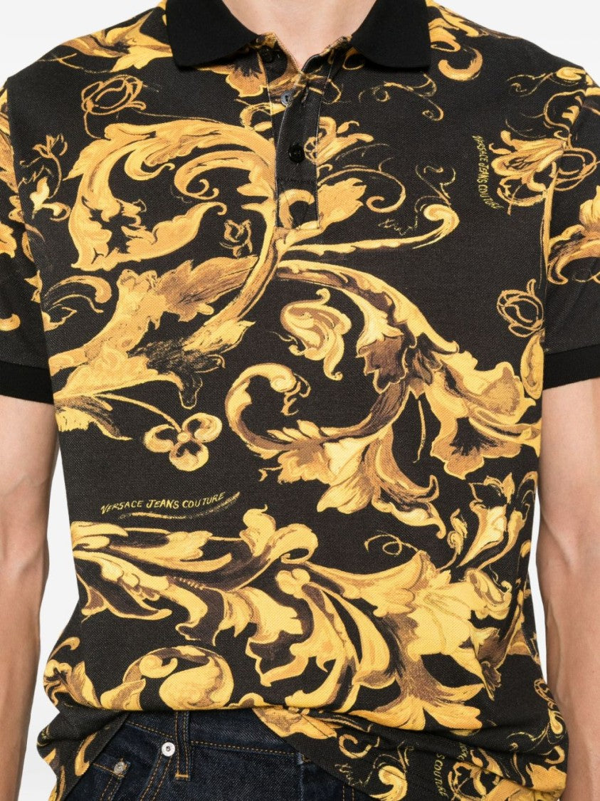 Versace Jeans Couture Baroque-Inspired Black And Gold Polo Shirt