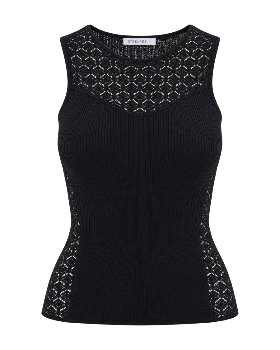 Patrizia Pepe Sleeveless Ribbed Top With Perforated Yoke And Mesh Inserts