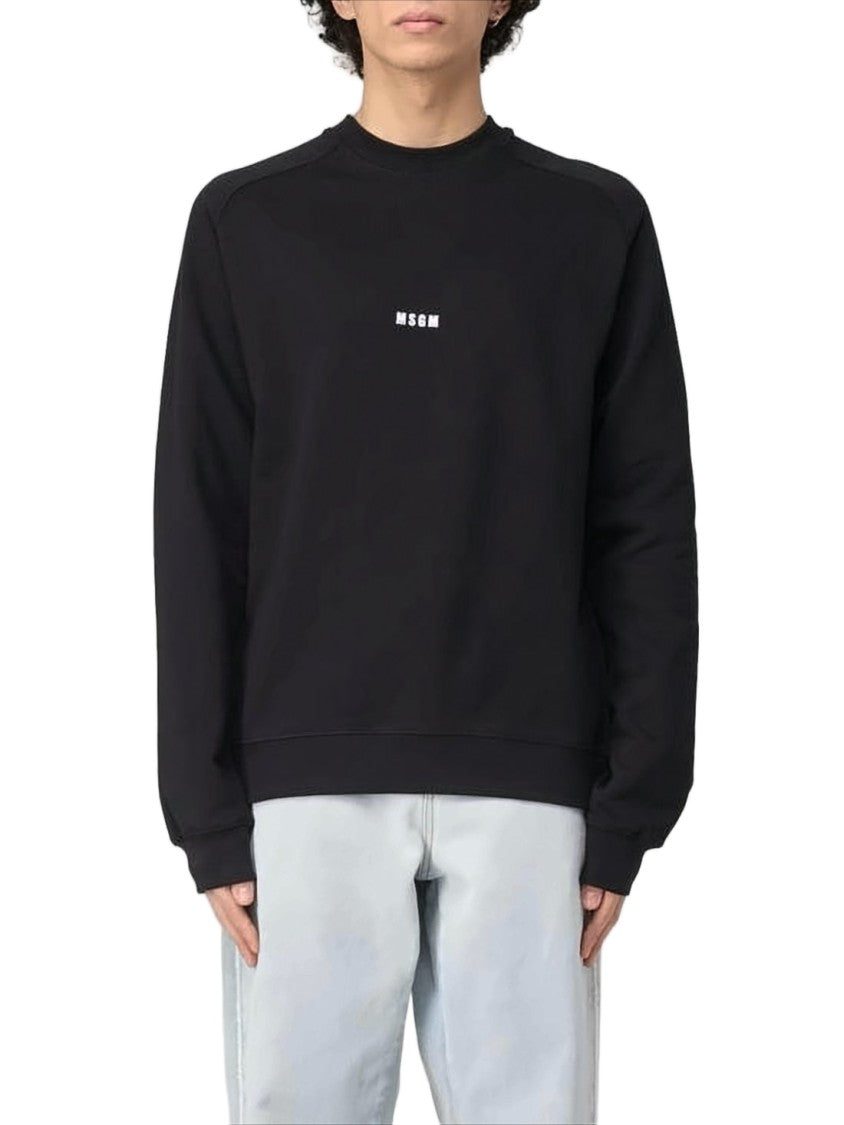 Msgm Minimalist Black Crewneck Sweatshirt With Centered Logo