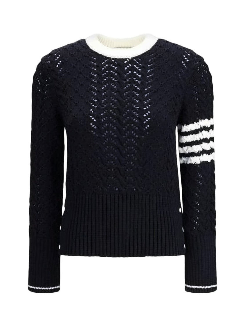 Thom Browne Fitted Black Wool Sweater With Openwork Design