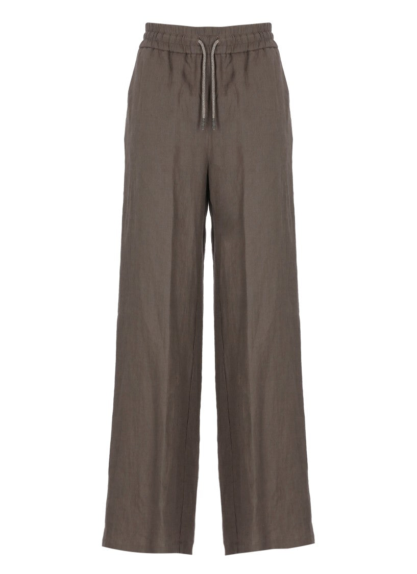 Panicale Brown Drawstring Linen Wide-Leg Pants