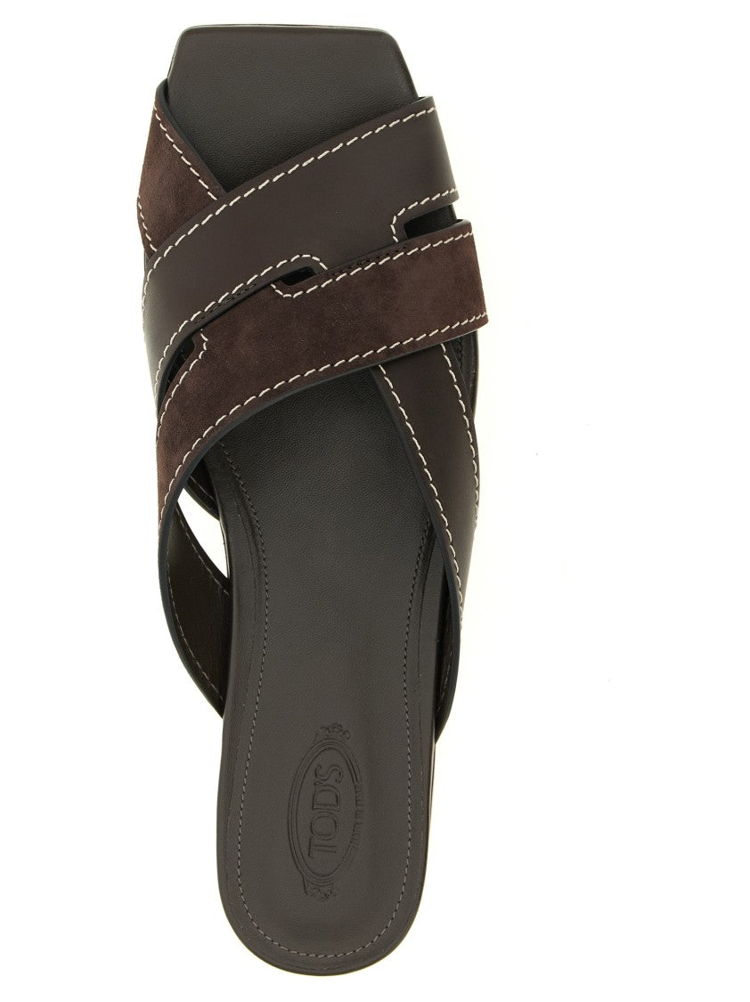 Tod's Weaved Sandals With Square Toe And Contrast Stitching