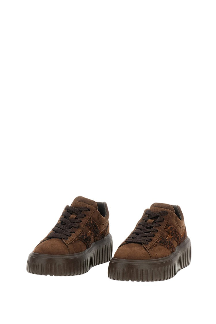 Hogan Dark Brown H-Stripes Suede Pony-Hair Sneakers