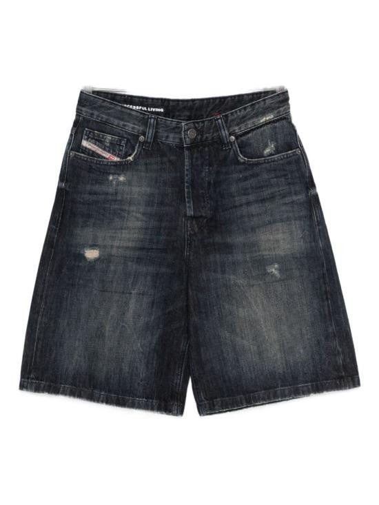 Diesel Distressed Black Cotton Denim Shorts With Five-Pocket Design