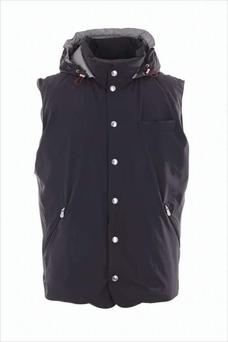 Brunello Cucinelli Padded Black Vest With Snap-Button Closure And Hood