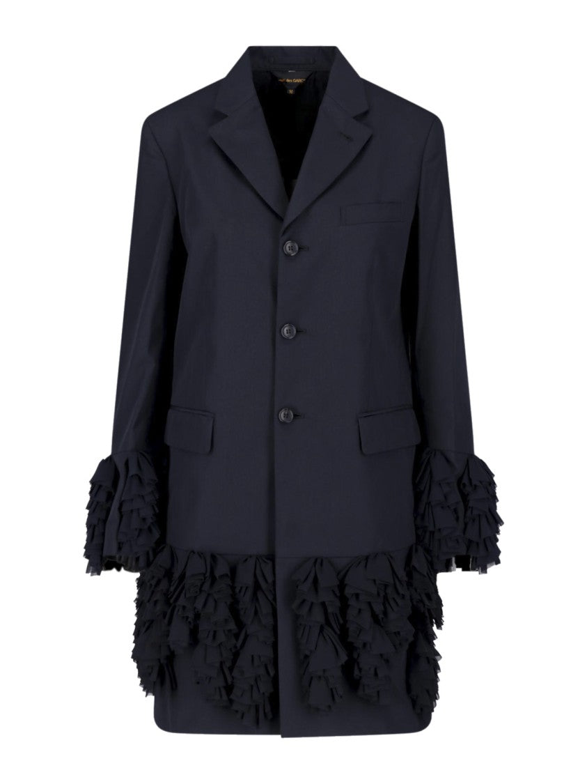 Comme Des Garçons Long Black Blazer With Ruffled Accents And Classic Lapel