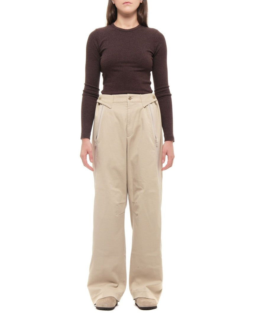 Cellar Door Beige Drew Slit Zip Wide-Leg Cotton-Blend Pants