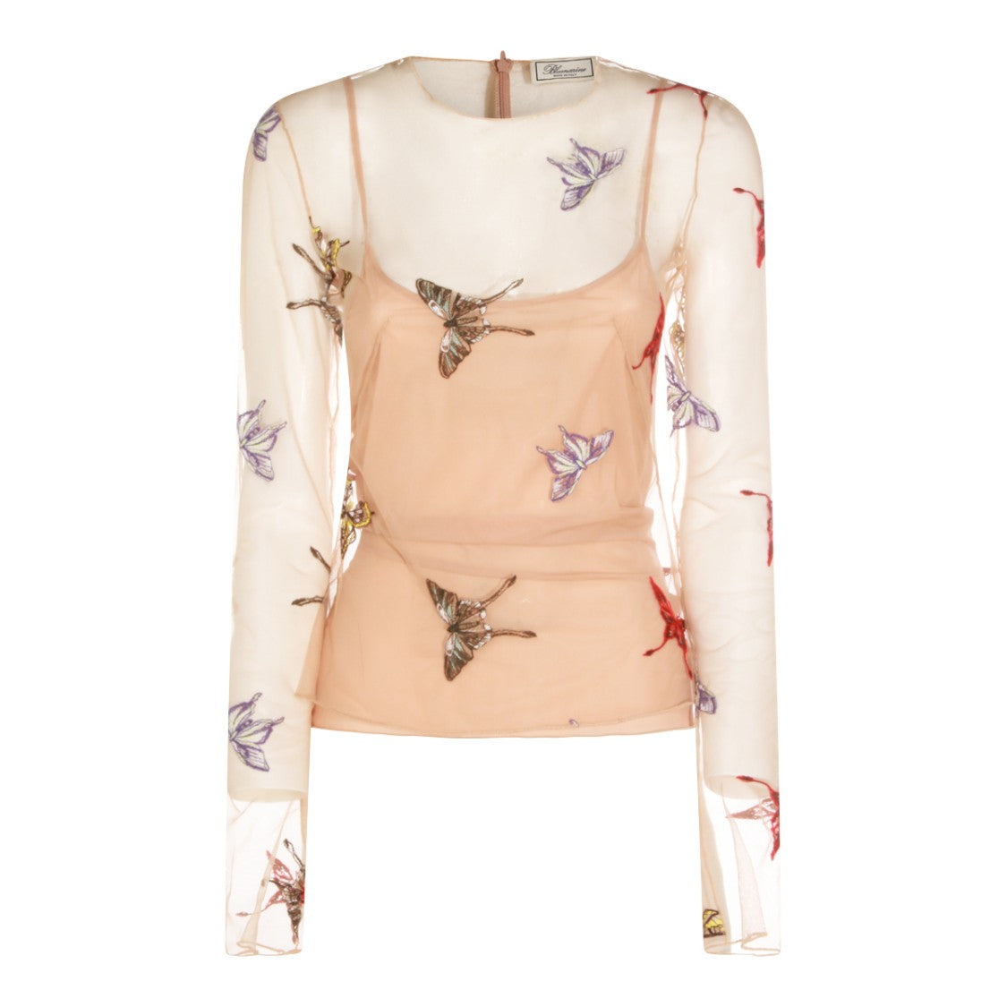 Blumarine Sheer Beige Long-Sleeved Top With Embroidered Butterflies
