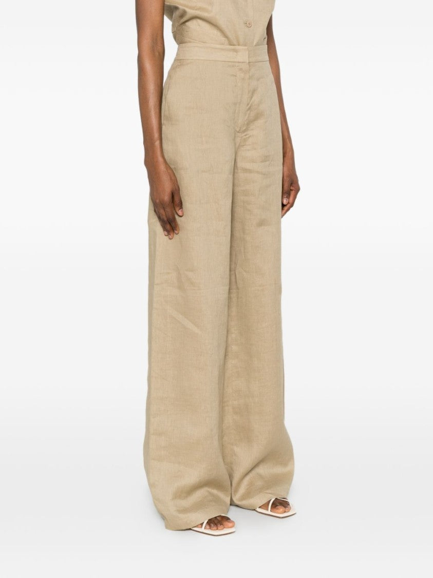 Max Mara Beige Belt Loops Linen Wide-Leg Pants
