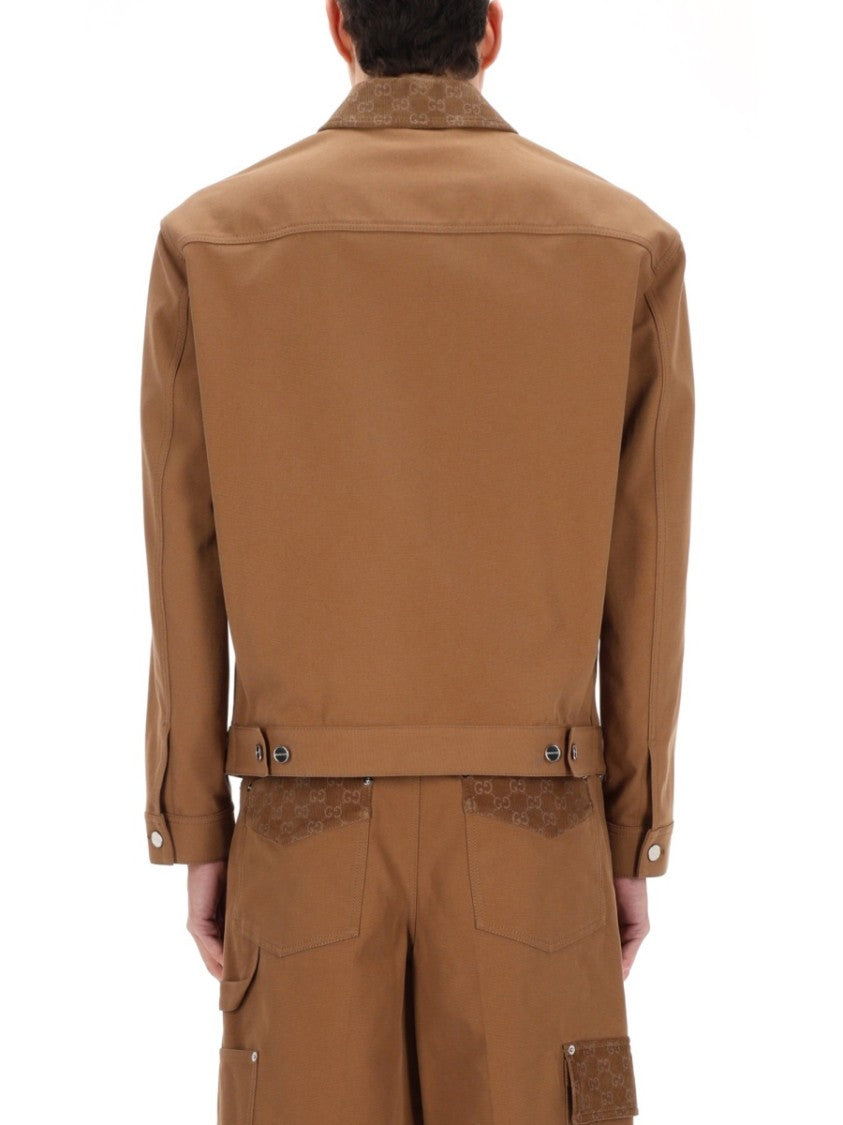 Gucci Brown Cotton Jacket With Zipper And Structured Collar