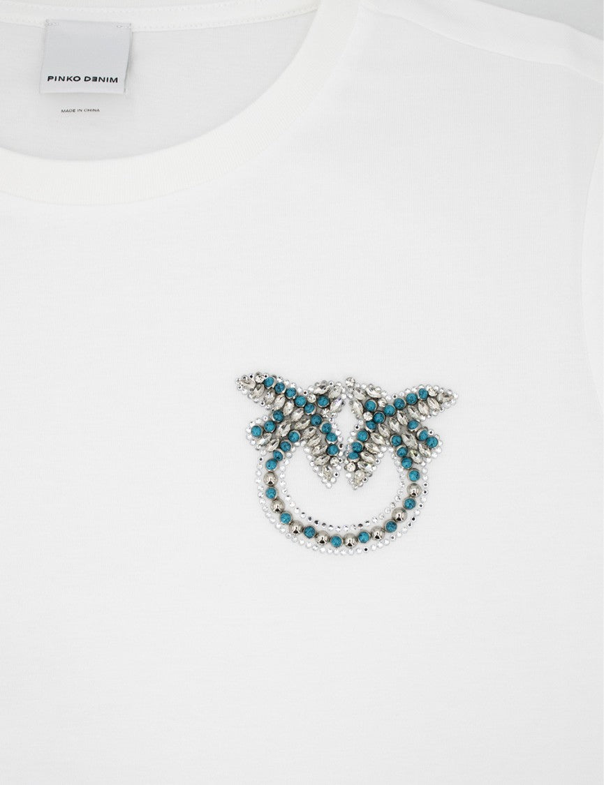 Pinko Short Sleeve Cotton T-Shirt With Jewelled Love Birds Embroidery