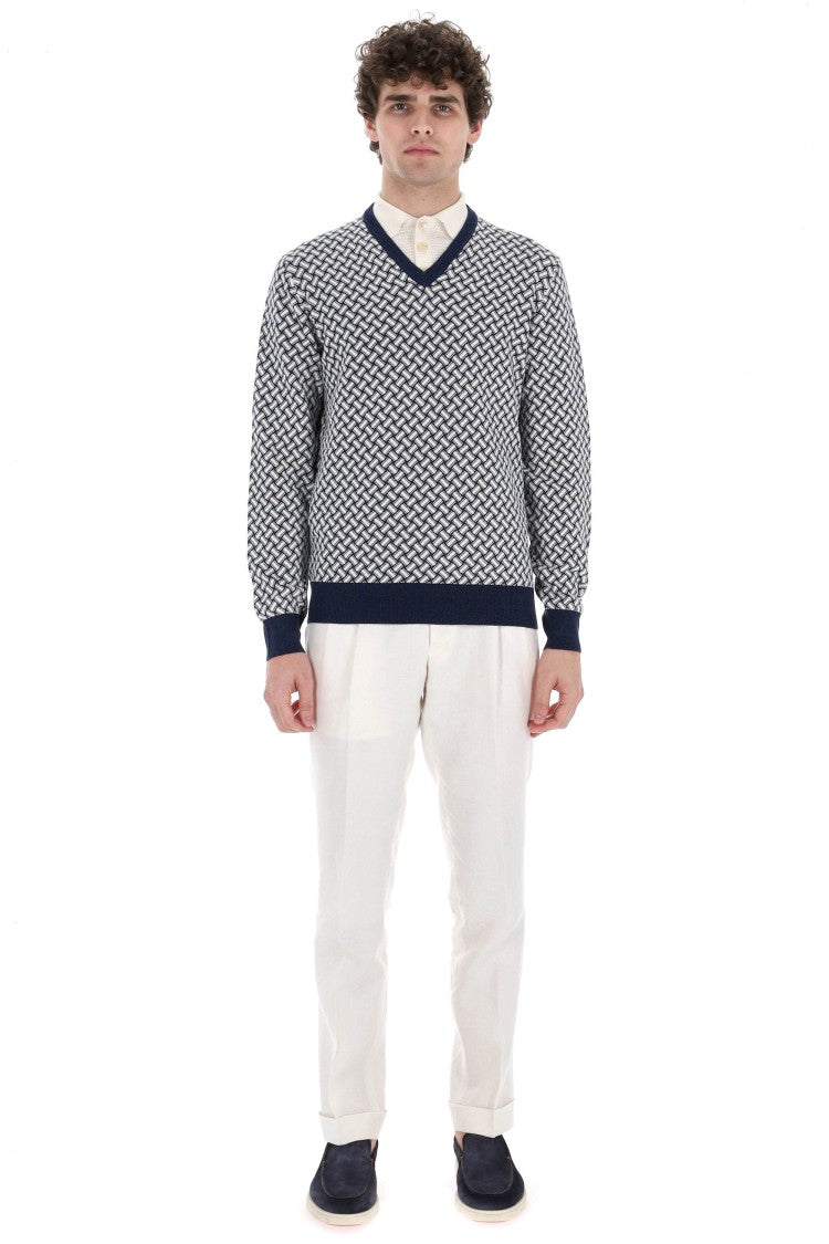 Drumohr Biscottino Pattern Cotton-Linen V-Neck Sweater