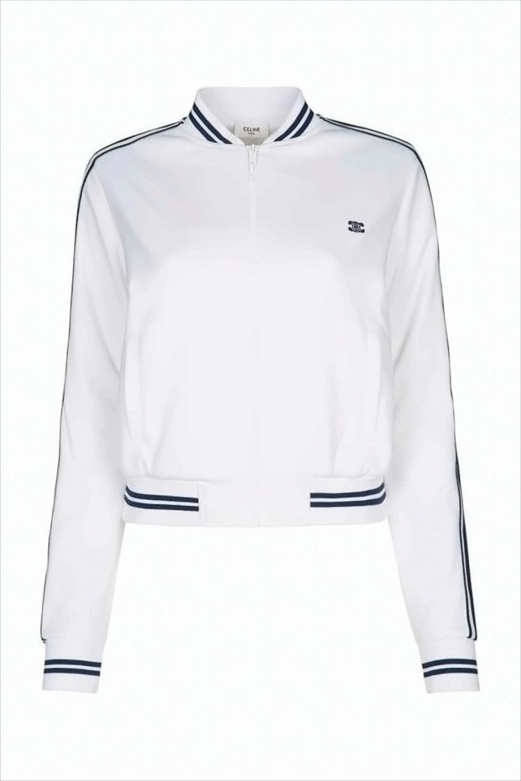 Celine Cropped Zip-Up Hoodie With Navy Striped Ribbed Trims