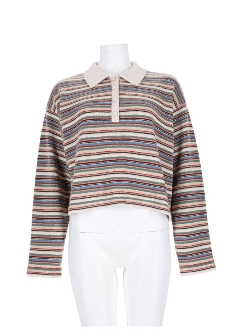 Frame Cropped Knit Sweater With Horizontal Stripes And Contrast Collar