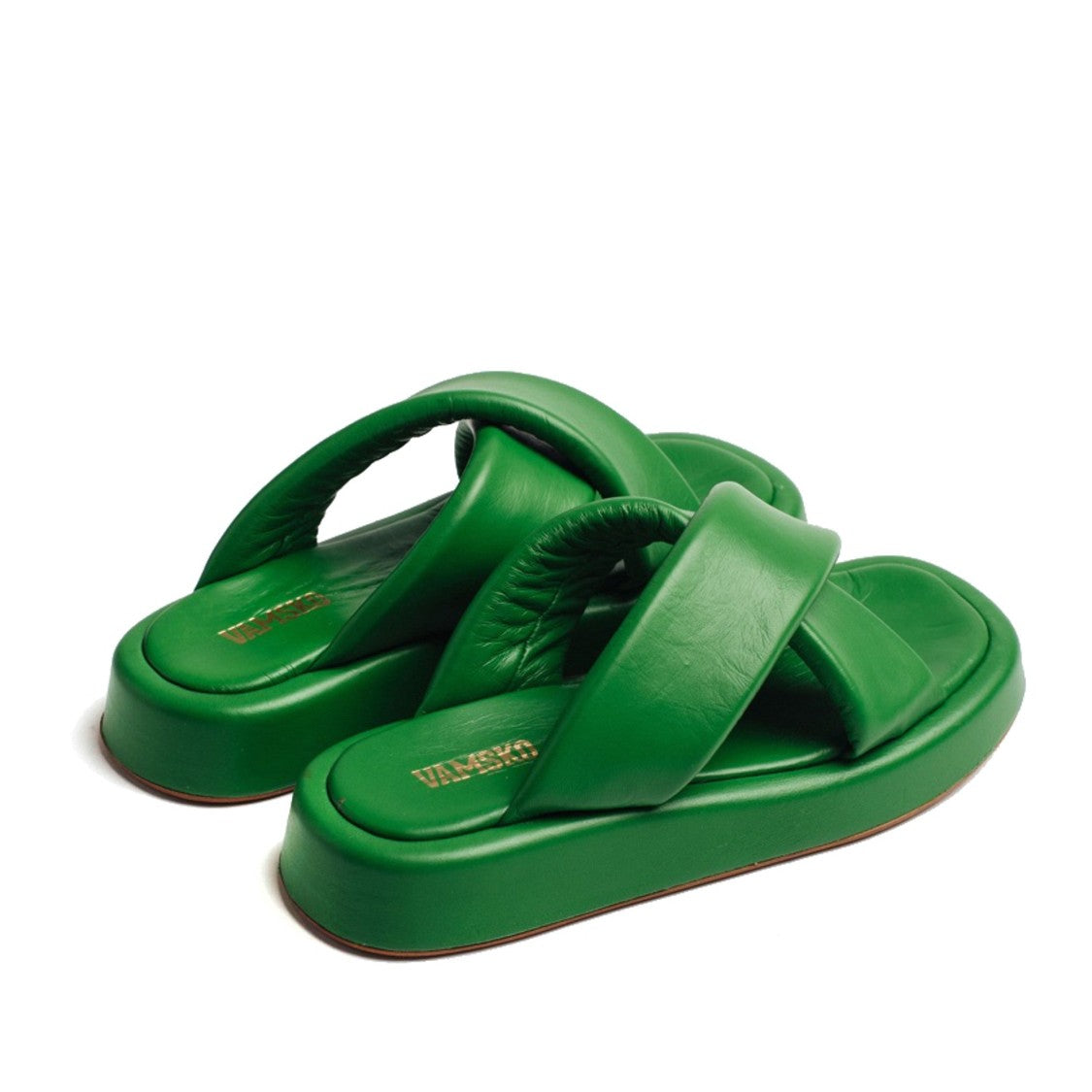 Vamsko Green Leather Pillow Wedge Slippers
