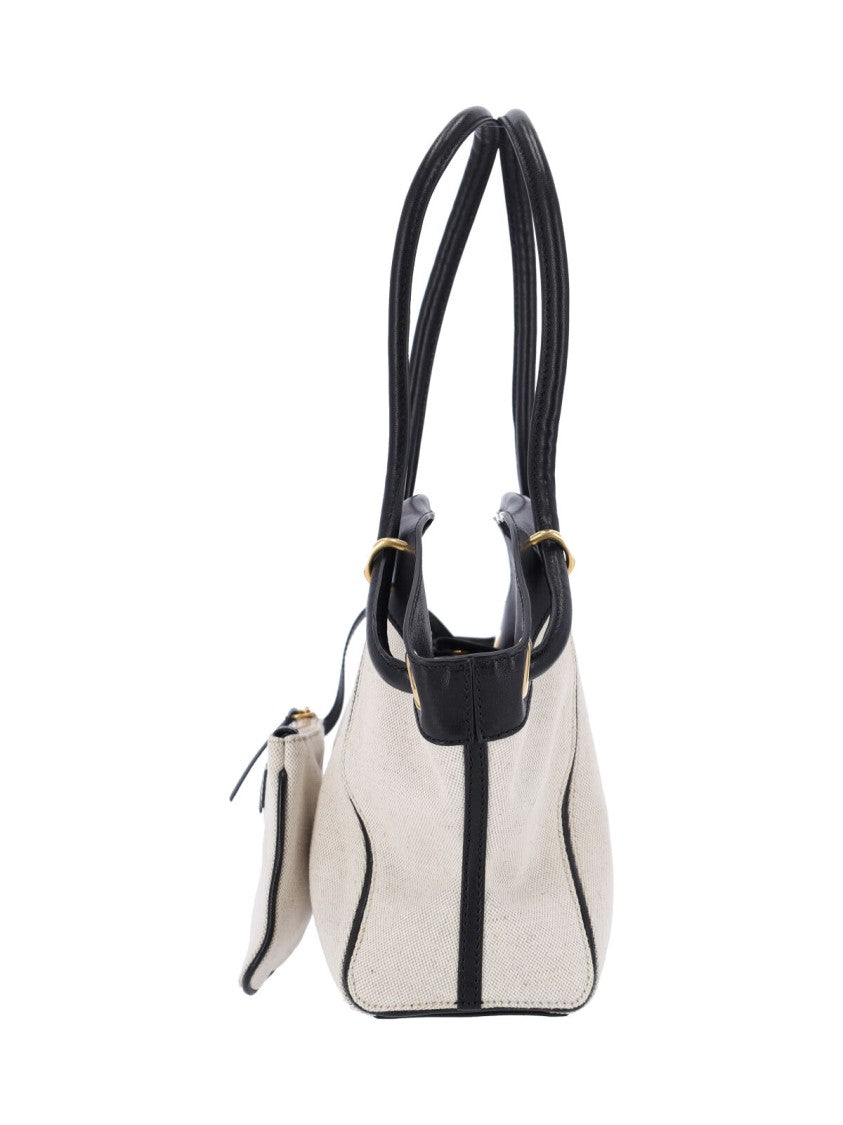 Balmain Beige Canvas Handbag With Black Leather Trim
