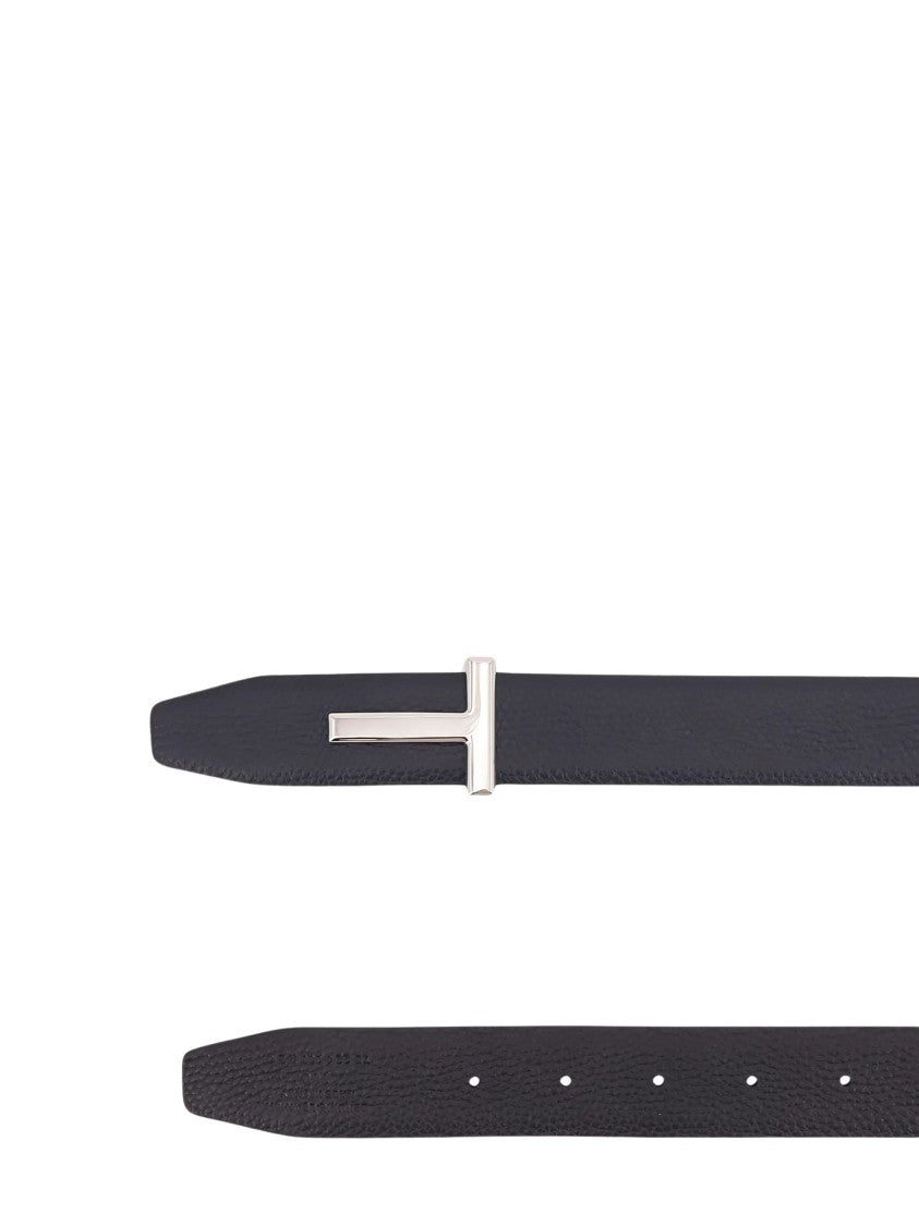 Tom Ford Slim Textured Leather Belt With Horizontal 'T' Buckle