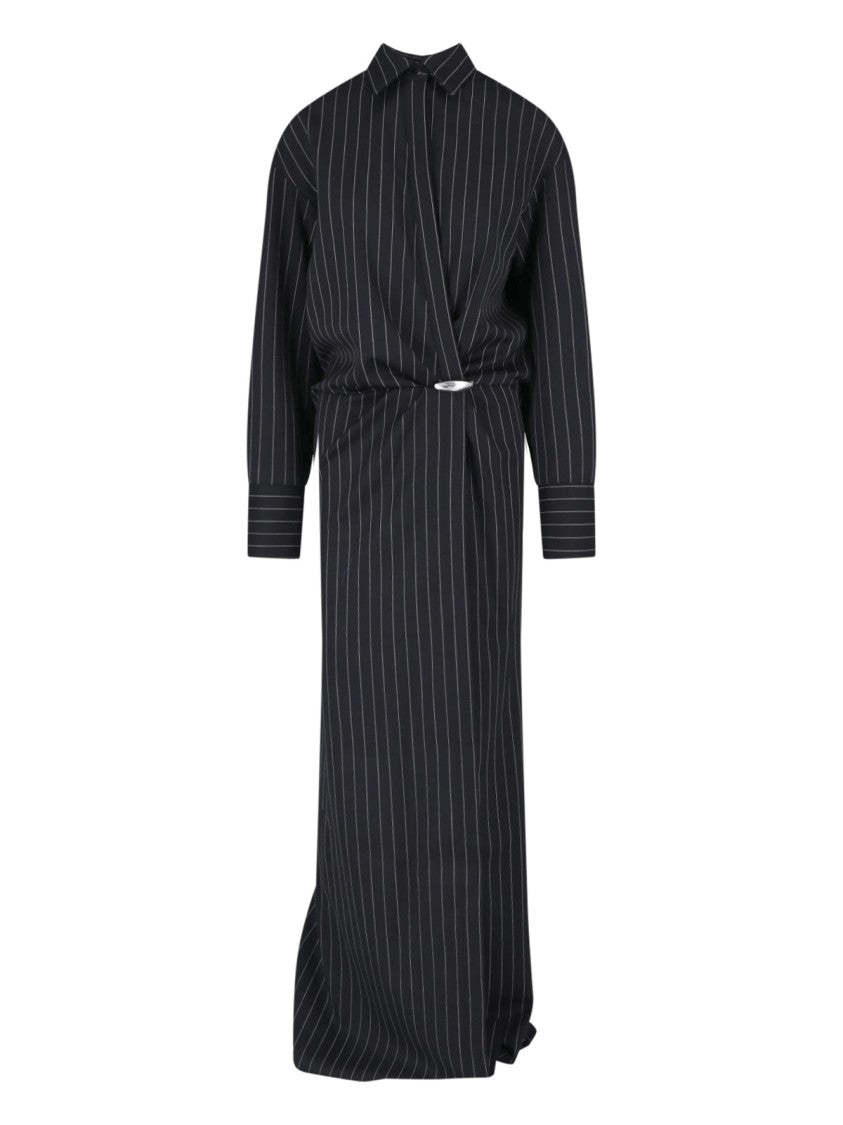 Dondup Black Gessato Wool Pinstripe Maxi Dress