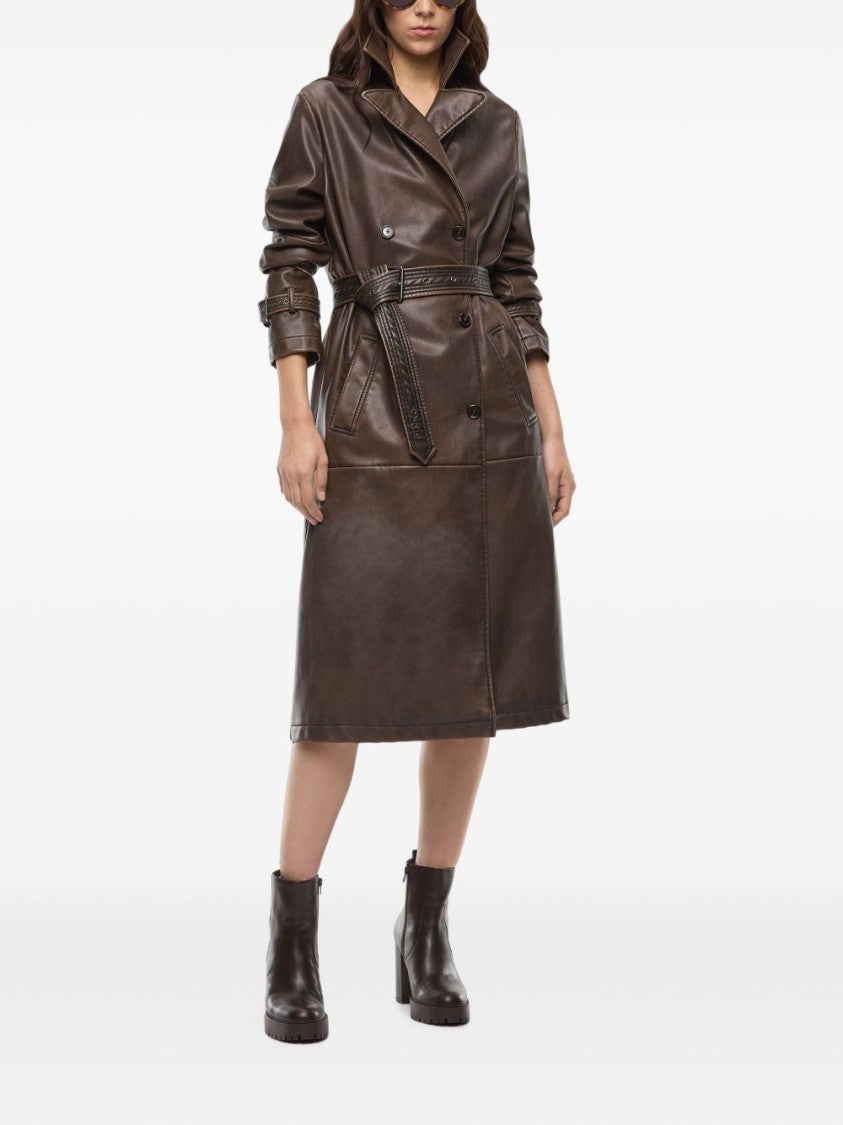 Pinko Dark Brown Knee-Length Double-Breasted Faux Leather Jacket