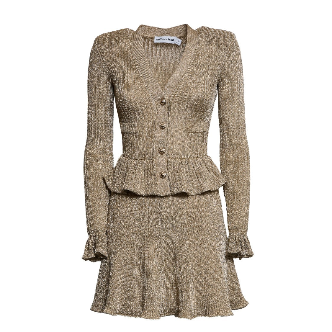slim fit dress slacks Self-Portrait Gold Lurex Peplum Knit Mini Dress