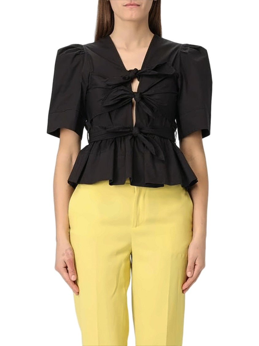 Ganni Fitted Black Blouse With Puffed Sleeves
