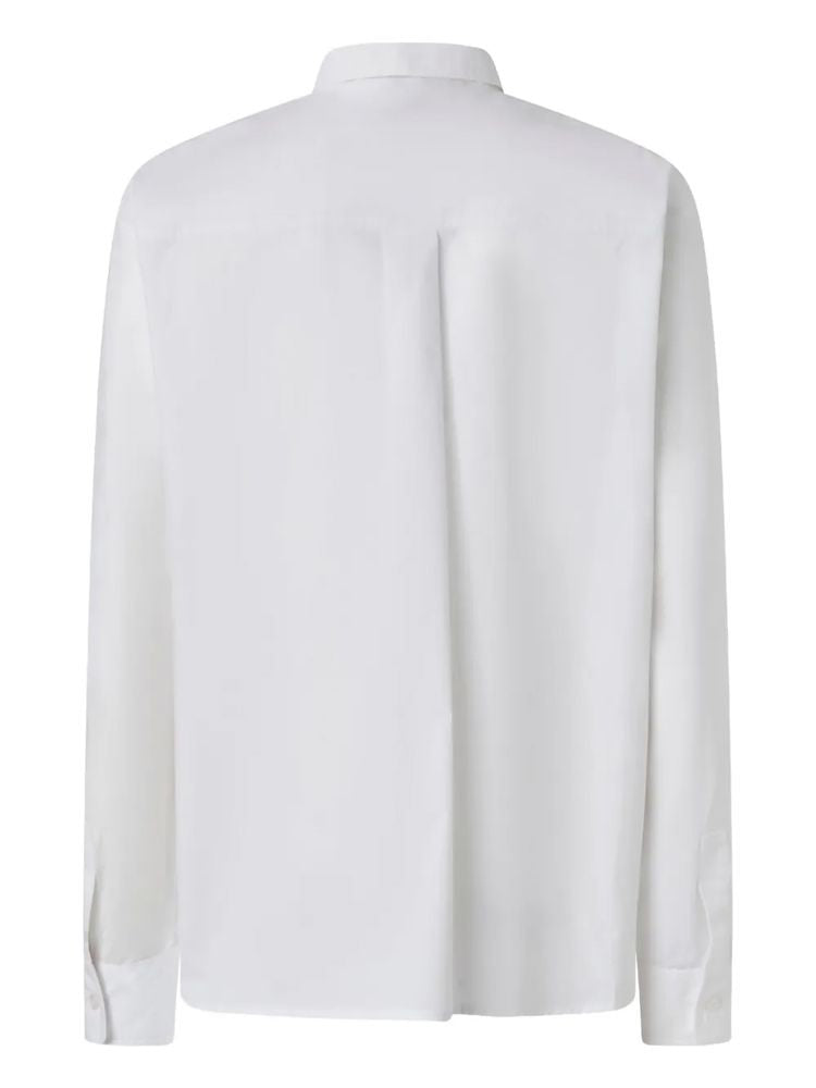 Pinko White Caffe' Embroidered Logo Pleated Cotton Long-Sleeve Shirt