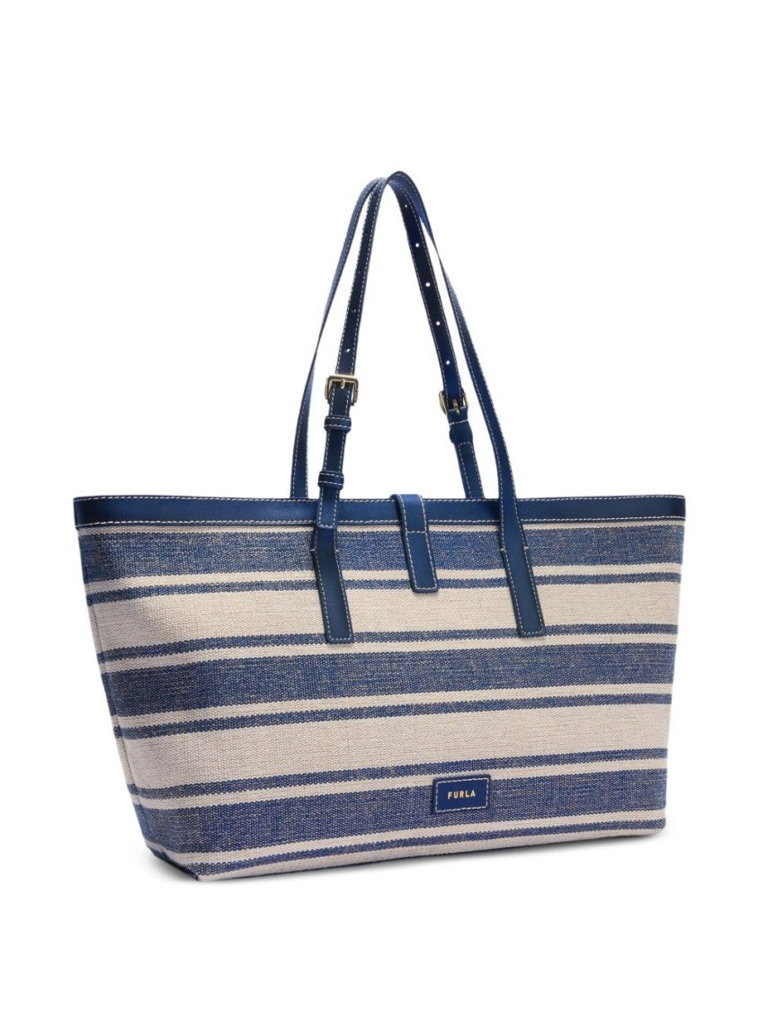 Furla Rectangular Navy And Beige Striped Tote Bag
