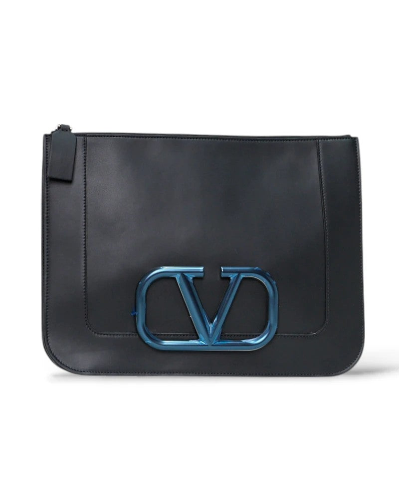 Valentino Large Black Leather Pochette With Silver Logo Hardware